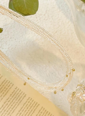 大三手作超迷你强光天然淡水珍珠choker锁骨链颈链小金球叠戴神奇