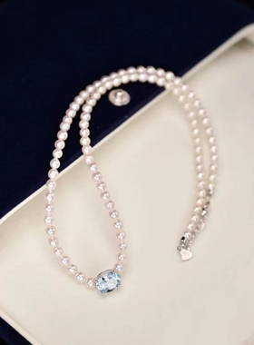 大三手作 天空の色 蓝色天然托帕石复古天然淡水珍珠项链精致气质