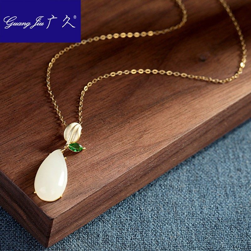 广久s925银项链镀金一叶子女士白玉 广久项链