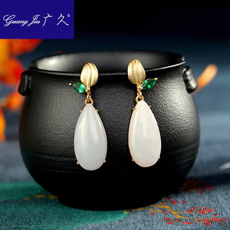 广久s925镀金水滴形一叶子银耳环 广久耳钉