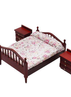 1:12娃娃屋dollhouse迷你家具卧室微场景模型欧式木质布艺双人床