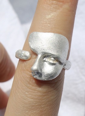 烧白质感假面银色手工开口戒指百搭个性面具指环磨砂小众高级饰品