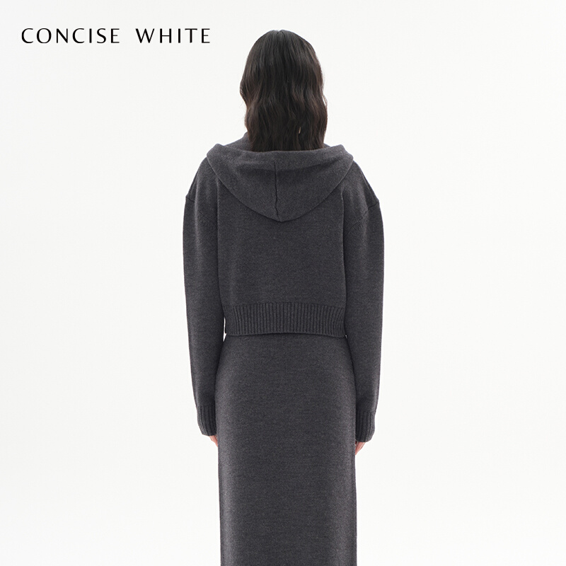 CONCISE-WHITE简白连帽短款针织开衫女羊毛衫23秋新品设计师品牌