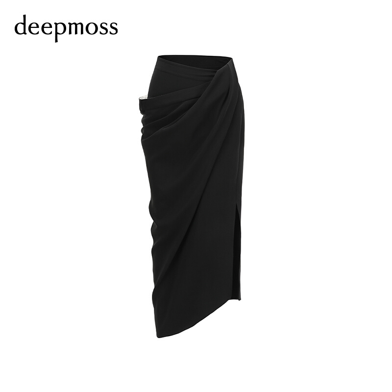 【deepmoss】2023秋季新款女装时尚设计感雾黑斜襟垂褶裹身半身裙 - 图2