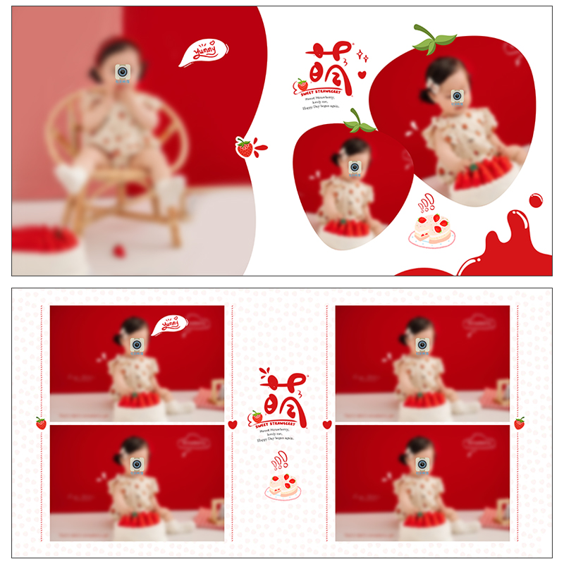 518儿童宝宝红草莓相册PSD模板满月百天影楼排版N8设计PS素材方版 - 图2