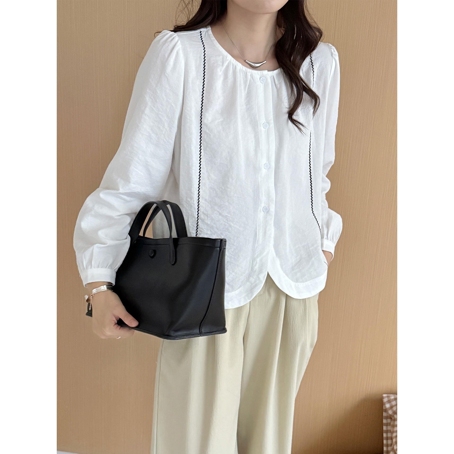 香港潮牌棉茧 圆领减龄气质长袖衬衫女装2025秋装新款时尚韩版纯,淘宝优惠券,粉丝福利购,淘宝优惠卷