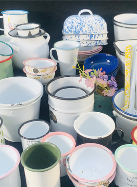 经典复古圆形托盘搪瓷杯型摆件