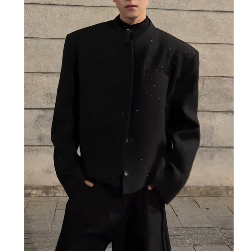 高级感垫肩短款西装外套男秋冬撒银呢料痞帅立领夹克夜店男模穿搭,淘宝优惠券,粉丝福利购,淘宝优惠卷