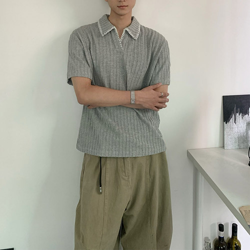 老钱风复古POLO拼色cleanfit短袖T恤男女短款boxy正肩麦穗纹上衣 - 图0
