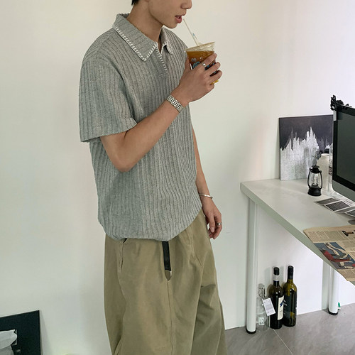 老钱风复古POLO拼色cleanfit短袖T恤男女短款boxy正肩麦穗纹上衣 - 图1