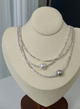 S925纯银春夏施家碎银子珍珠项链小众设计高级锁骨链法式复古女