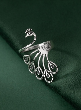 S925纯银戒指孔雀宽面复古做旧民族风镂空凤凰开口指环女古风国潮