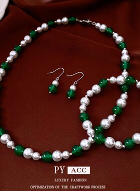 中古vintage珍珠玛瑙串珠圆形耳环手链项链轻奢高级感首饰套装女