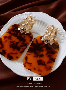 银针不规则长方豹纹耳环欧美美拉德耳钉复古高级感耳饰女