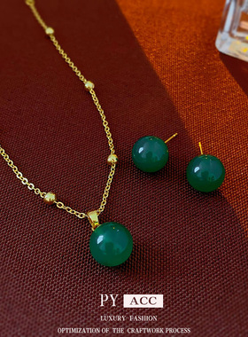 真金电镀银针圆形玉石耳钉小众百搭气质耳环简约高级感耳饰女