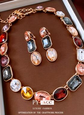 中古vintage镶钻方形圆形耳夹项链宫廷风复古设计精致首饰套装女