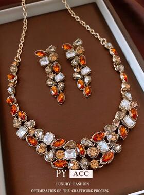 中古vintage镶钻水滴耳环项链复古轻奢毛衣链时尚大气首饰套装女