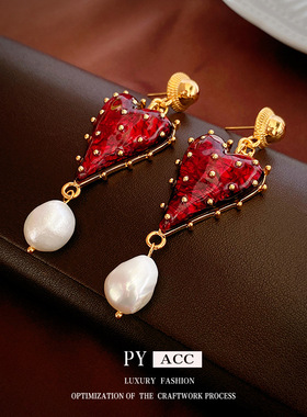 中古vintage耳环 真金电镀银针爱心珍珠耳钉复古高级感耳饰女