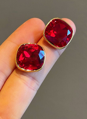 银针方形人造水晶耳环欧美轻奢高级感耳钉复古时尚百搭耳饰女