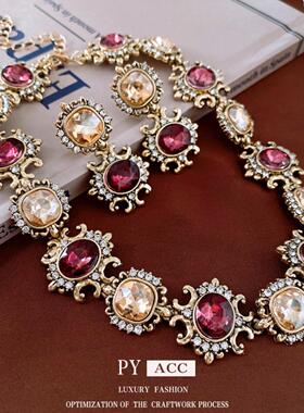 中古vintage银针镶钻方形耳环复古宫廷风气质耳钉高级感耳饰