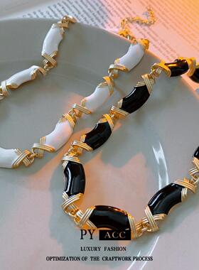 中古vintage珐琅滴油交叉项链复古气质锁骨链轻奢高级感饰品