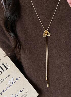 中古vintage虎眼石圆形吊坠项链长款秋冬百搭毛衣链简约时尚项饰