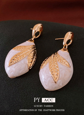 中古滴油银针树叶水滴耳环复古高级感耳钉小众气质耳饰女