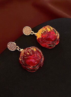 中古银针镶钻滴油花朵珍珠耳环时尚气质宫廷风耳钉轻奢高级感耳饰