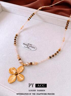 真金电镀虎眼石花朵吊坠项链中古vintage复古毛衣链简约时尚项饰
