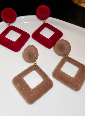 银针植绒圆形菱形耳环秋冬复古气质耳坠小众时尚高级感耳饰女