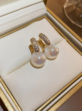 法式银针镶钻人鱼姬珍珠耳环复古气质百搭耳钉轻奢高级感小众耳饰