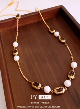 珍珠串珠椭圆形可调节项链中古vintage时尚毛衣链简约百搭项饰女