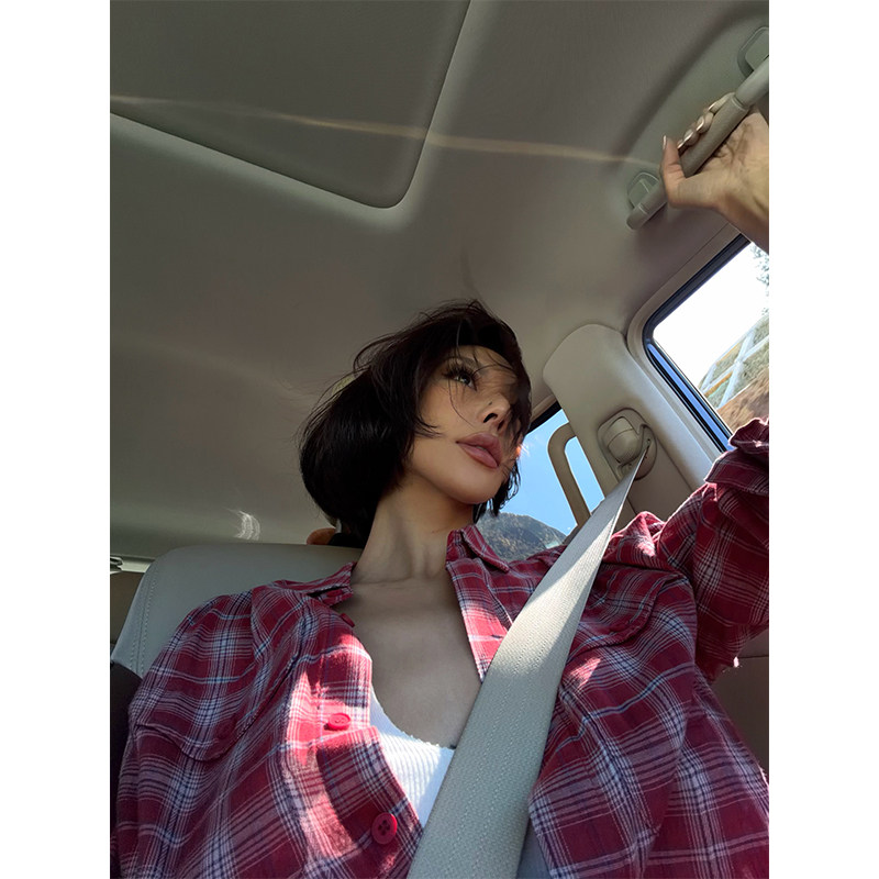 VanessaLab 私服美式古着格子红衬衫女棉质长袖时尚休闲衬衣外套,淘宝优惠券,粉丝福利购,淘宝优惠卷