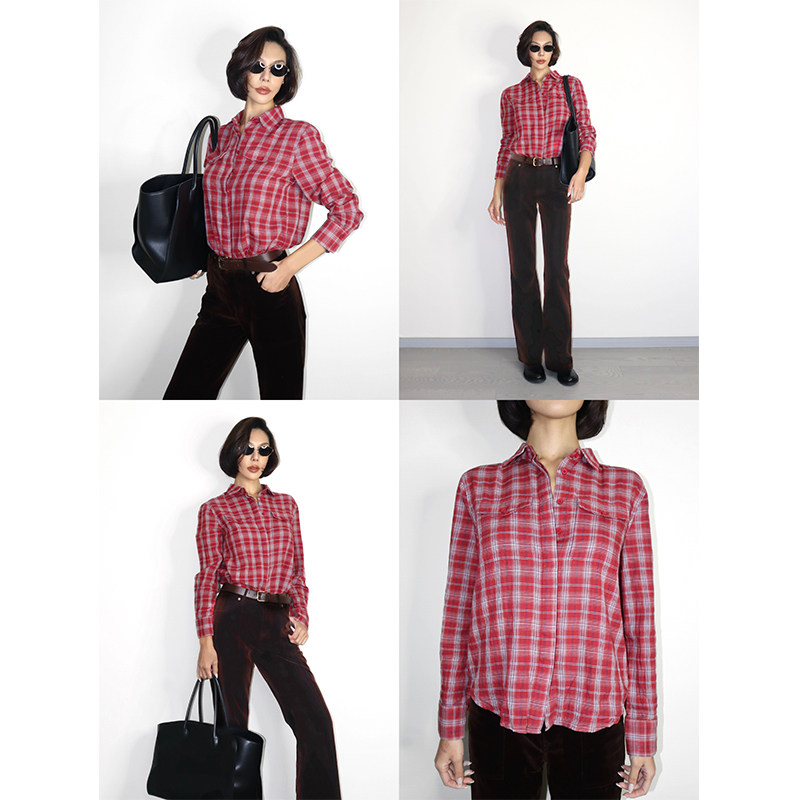 VanessaLab 私服美式古着格子红衬衫女棉质长袖时尚休闲衬衣外套,淘宝优惠券,粉丝福利购,淘宝优惠卷