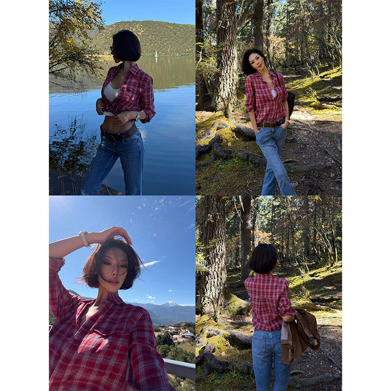 VanessaLab 私服美式古着格子红衬衫女棉质长袖时尚休闲衬衣外套,淘宝优惠券,粉丝福利购,淘宝优惠卷