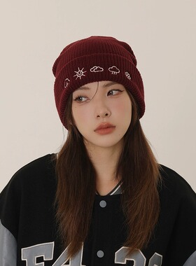 CoorKeva宽松毛线帽女刺绣护耳