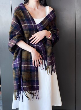 【正品】Coor Koor山羊绒围巾女冬季复古百搭紫调格子加厚保暖披