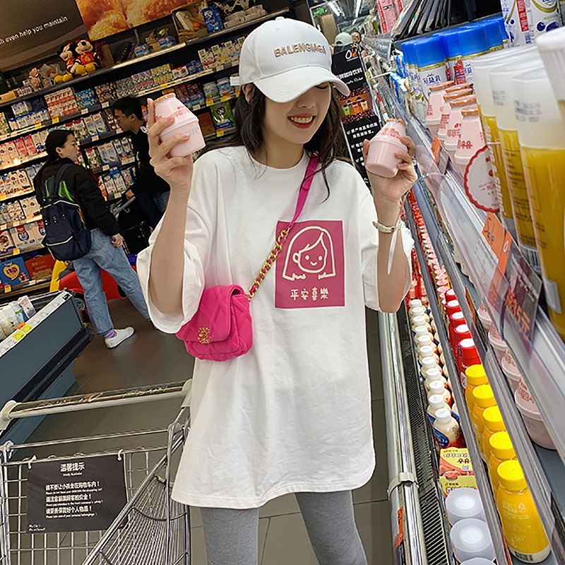 开学季短袖t恤女ins潮宽松学生韩版百搭原宿港风女装mschf上衣服 三坑日记