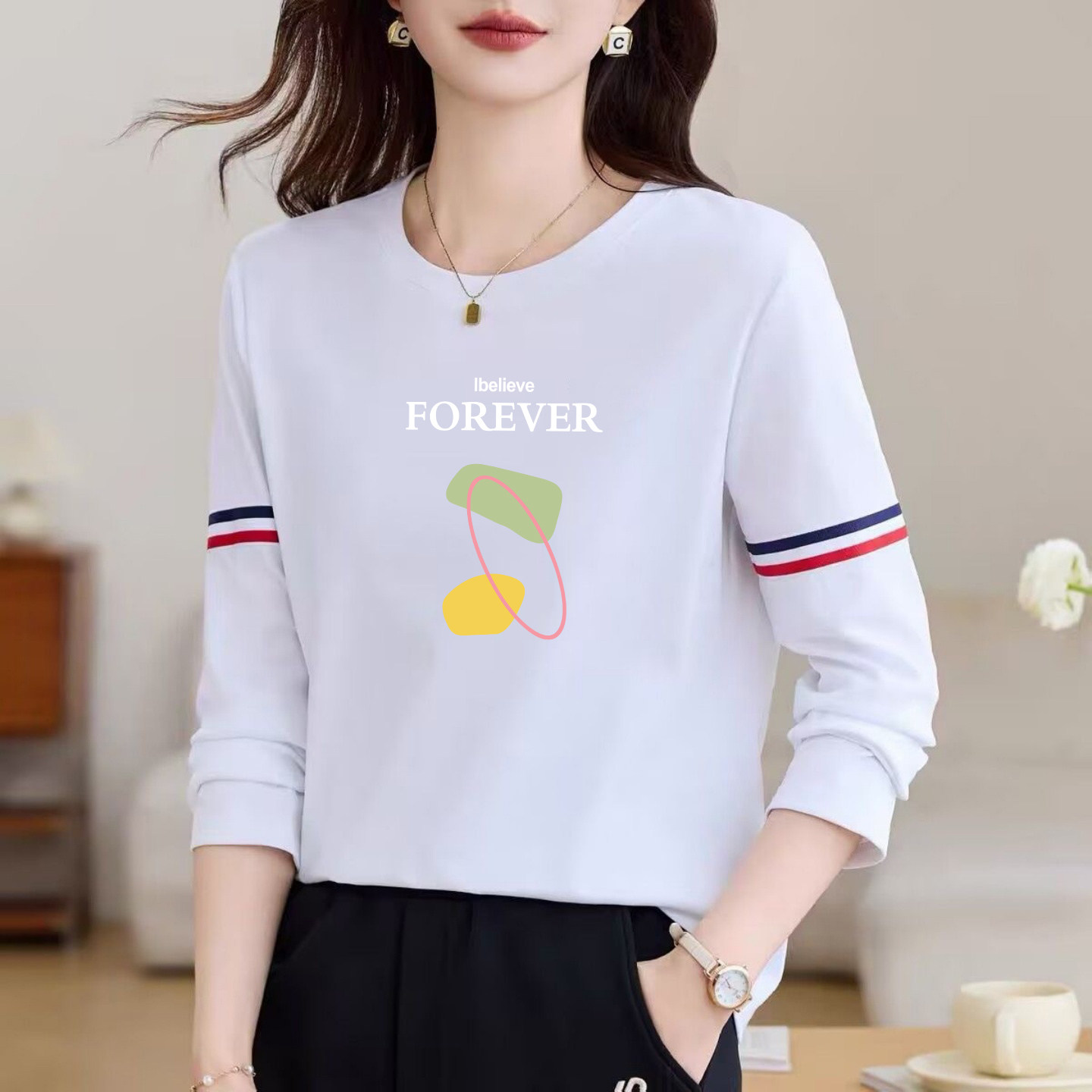 春季新款休闲长袖T恤女时尚撞色条纹纯棉内搭打底衫宽松印花上衣,淘宝优惠券,粉丝福利购,淘宝优惠卷