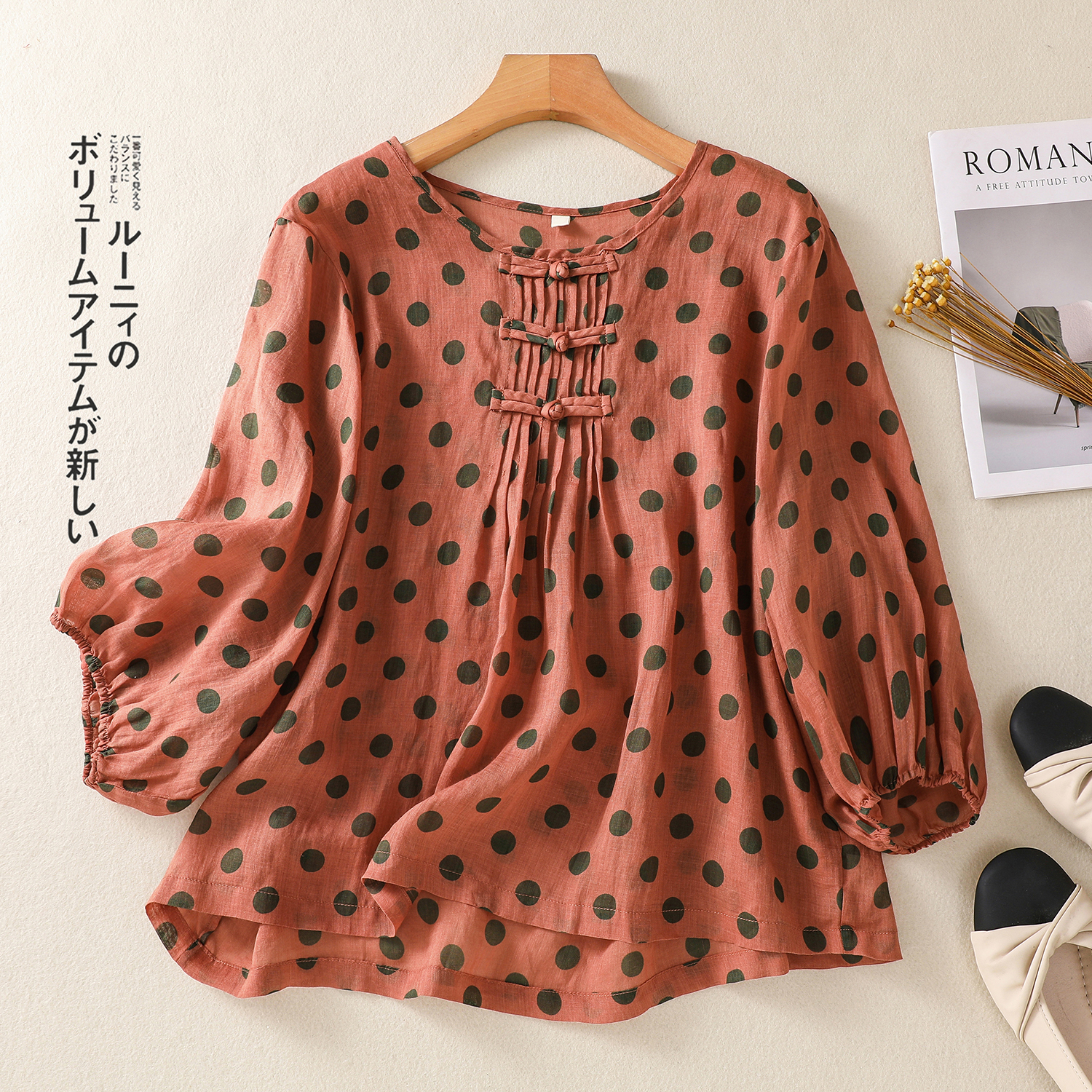 品牌女装清仓折扣文艺气质棉麻衬衫中式小衫复古盘扣压褶宽松上衣 - 图1