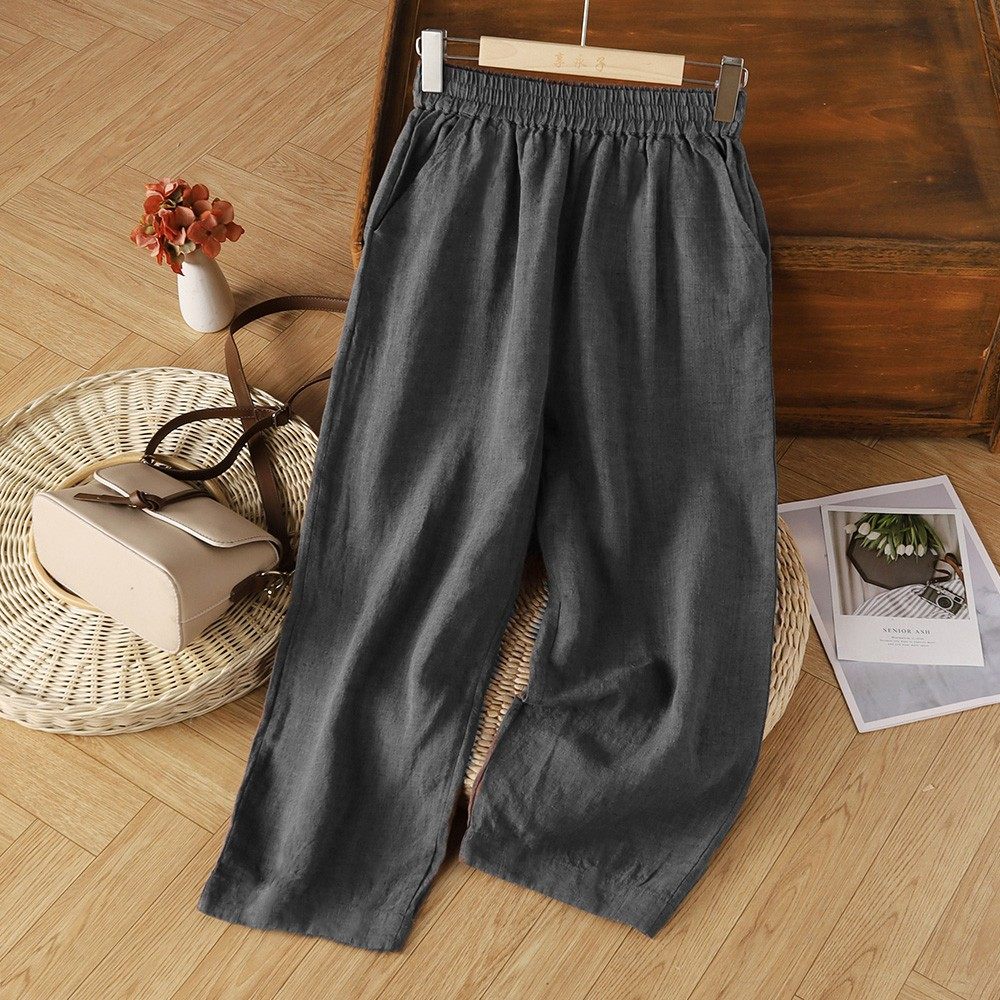 外贸出口品牌折扣大码棉麻七分阔腿裤女文艺复古松紧腰宽松直筒裤,淘宝优惠券,粉丝福利购,淘宝优惠卷