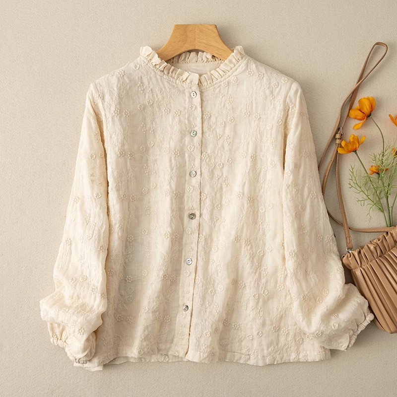 早春纯棉刺绣衬衫女装文艺木耳领衬衣打底衫复古国风全棉长袖上衣 - 图1