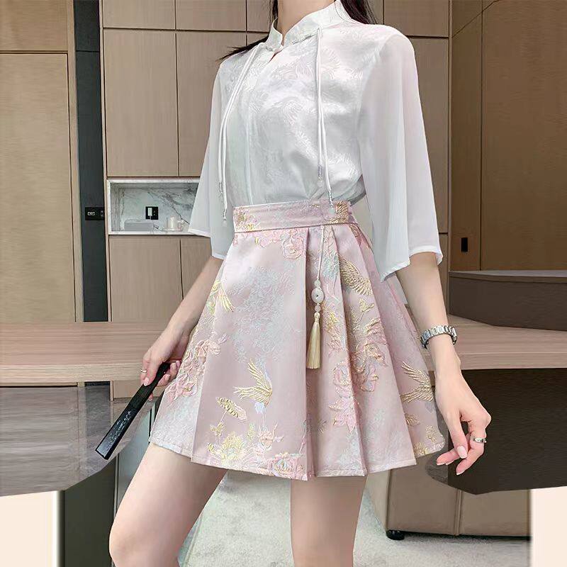 新中式古风马面裙套装女显瘦高腰半身裙中国风新款提花百褶短裙夏,淘宝优惠券,粉丝福利购,淘宝优惠卷