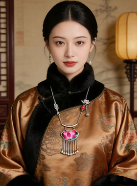 新中式禅意荷花刺绣多宝毛衣链