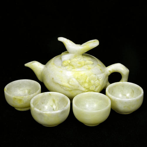 精制正品天然蓝田玉喜上眉梢茶壶茶具四杯一盘一壶酒具 家居摆件 - 图1