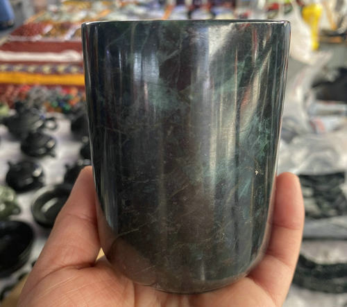 纯手工雕刻玉石茶酒墨绿玉口杯玉石茶具磁性保健祁连玉夜光杯防烫 - 图1