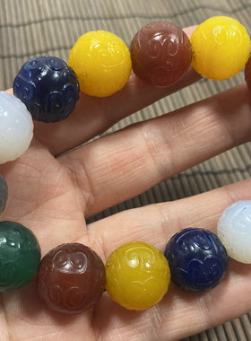 天然七彩多宝玛瑙精雕回文珠手链