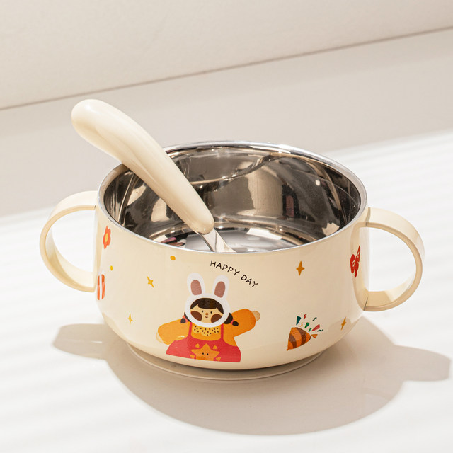 316 stainless steel children's bowl, double ear complementary food bowl, special bowl for eating, baby tableware set, anti-fall baby rice bowl