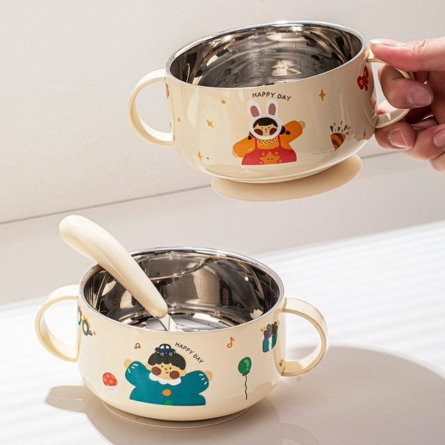 316 stainless steel children's bowl, double ear complementary food bowl, special bowl for eating, baby tableware set, anti-fall baby rice bowl