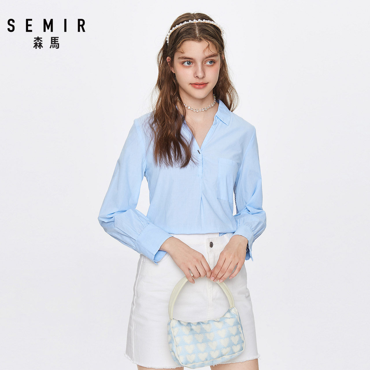 森马新款长袖女显瘦v领宽松白衬衫 森马outlets店衬衫